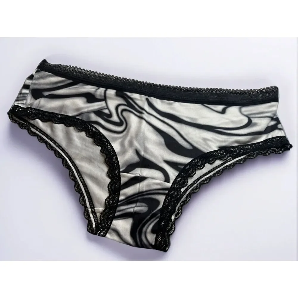New Bikini Brief Lace Accent Black White Abstract Small Panties Underwear NWOT